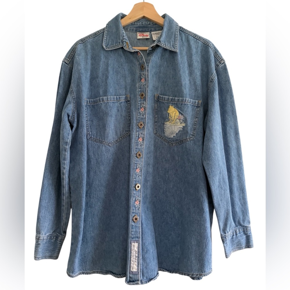Vintage Disney Store WInnie the Pooh Embroidered Denim Shirt Floral 90s Y2K Sz L - Picture 1 of 16